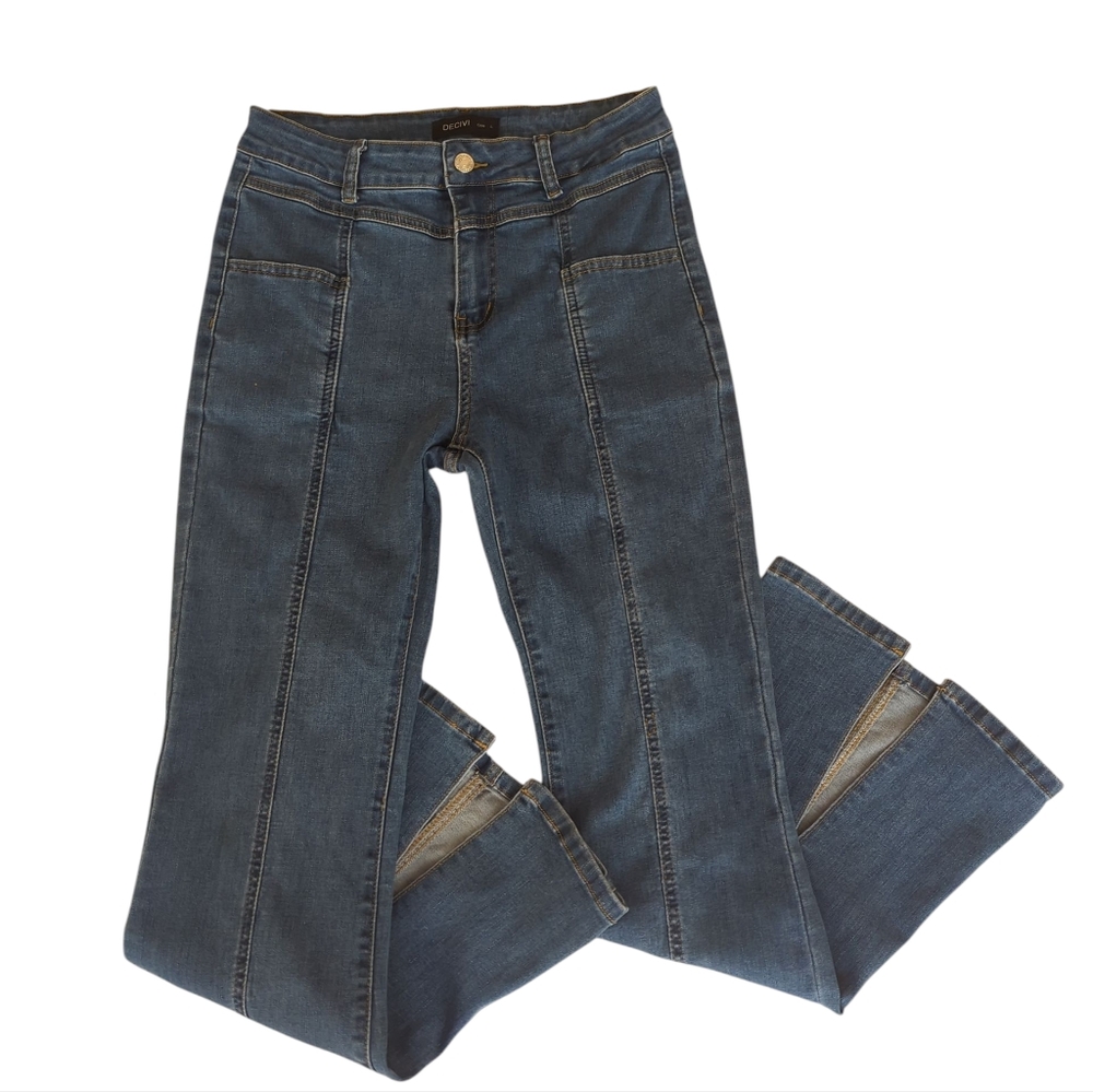 Decivi High Waisted Split Hem Flare Leg Mom Jeans LARGE Blue
